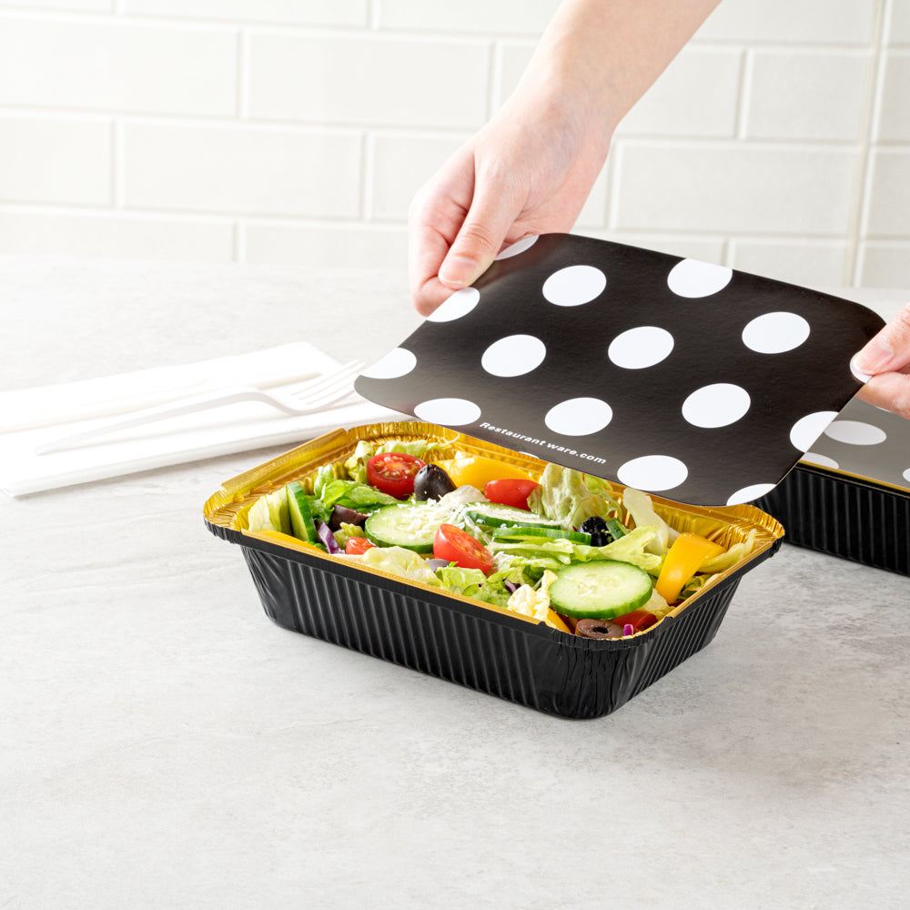 Foil Lux 16 oz Rectangle Black and Gold Aluminum Take Out Container - Polka Dot Paper Lid - 7 1/4" x 5 1/4" x 2" - 50 count box