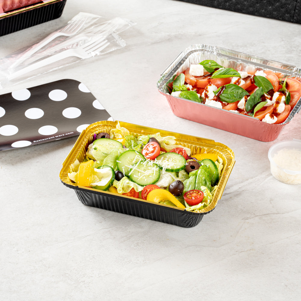 Foil Lux 16 oz Rectangle Black and Gold Aluminum Take Out Container - Polka Dot Paper Lid - 7 1/4" x 5 1/4" x 2" - 50 count box
