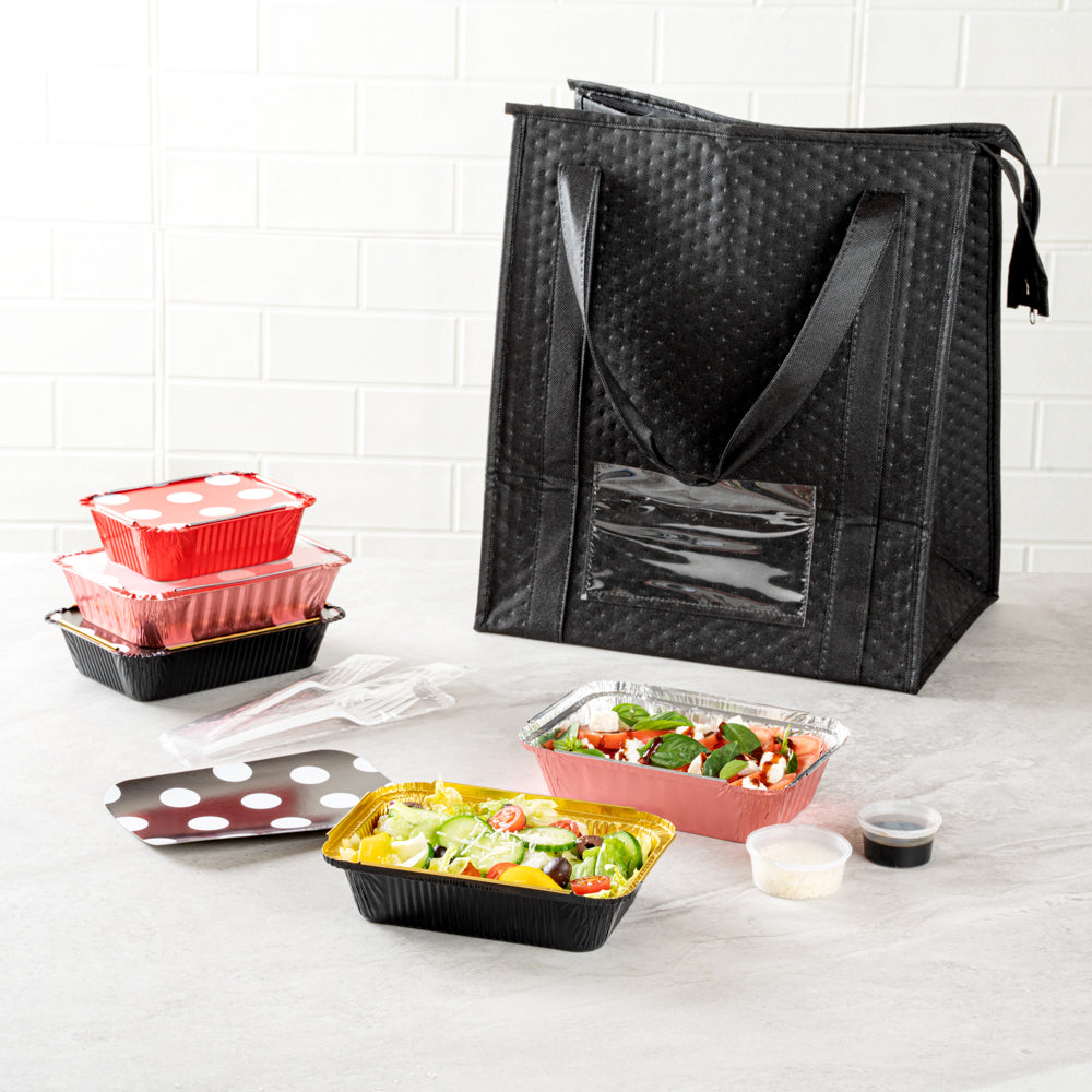 Foil Lux 16 oz Rectangle Black and Gold Aluminum Take Out Container - with Polka Dot Paper Lid - 7 1/4" x 5 1/4" x 2" - 200 count box