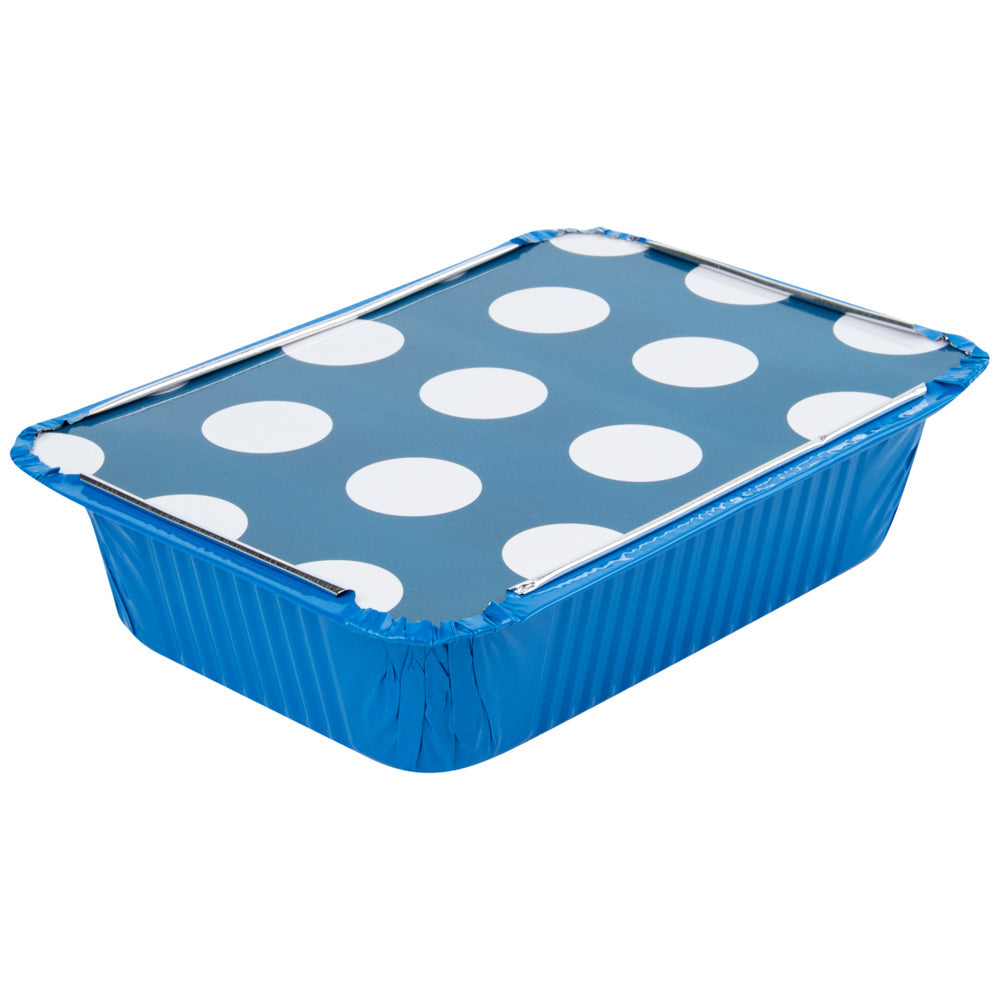 Foil Lux 16 oz Rectangle Blue Aluminum Take Out Container - with Polka Dot Paper Lid - 7 1/4" x 5 1/4" x 2" - 200 count box