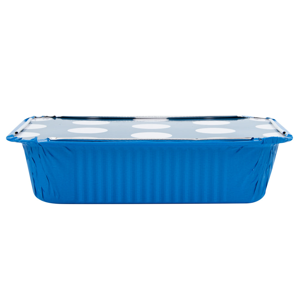 Foil Lux 16 oz Rectangle Blue Aluminum Take Out Container - Polka Dot Paper Lid - 7 1/4" x 5 1/4" x 2" - 50 count box
