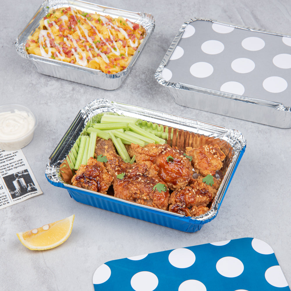 Foil Lux 16 oz Rectangle Blue Aluminum Take Out Container - Polka Dot Paper Lid - 7 1/4" x 5 1/4" x 2" - 50 count box