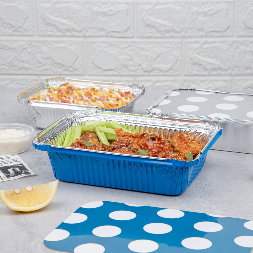 Foil Lux 16 oz Rectangle Blue Aluminum Take Out Container - with Polka Dot Paper Lid - 7 1/4" x 5 1/4" x 2" - 200 count box