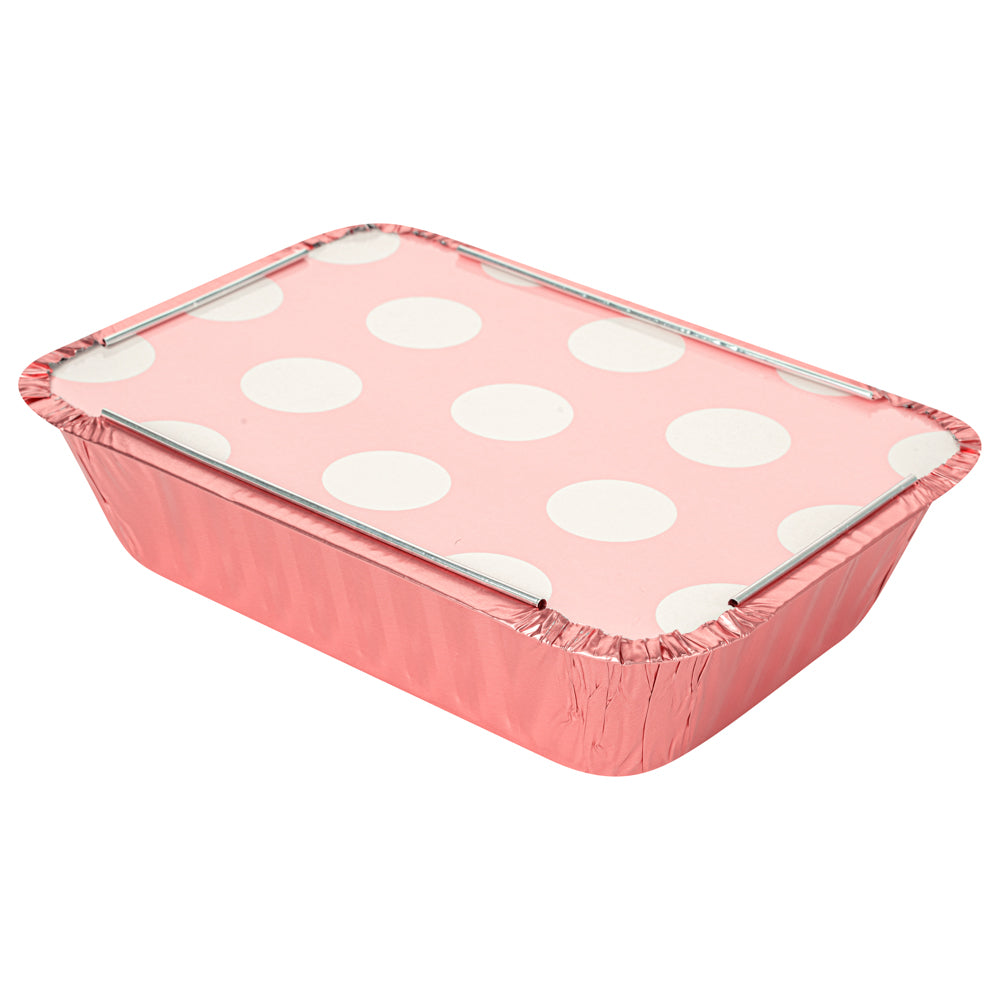 Foil Lux 16 oz Rectangle Pink Aluminum Take Out Container - Polka Dot Paper Lid - 7 1/4" x 5 1/4" x 2" - 50 count box