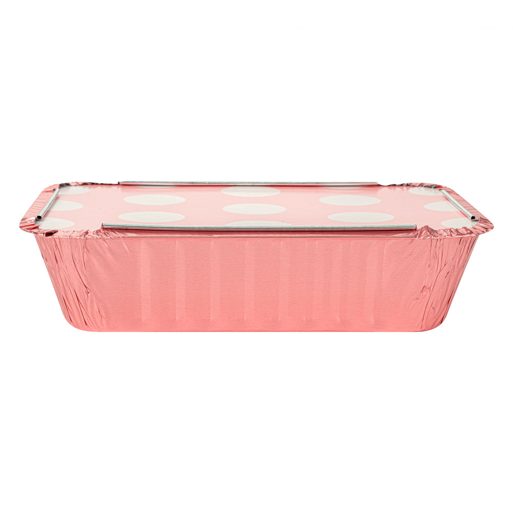 Foil Lux 16 oz Rectangle Pink Aluminum Take Out Container - Polka Dot Paper Lid - 7 1/4" x 5 1/4" x 2" - 50 count box