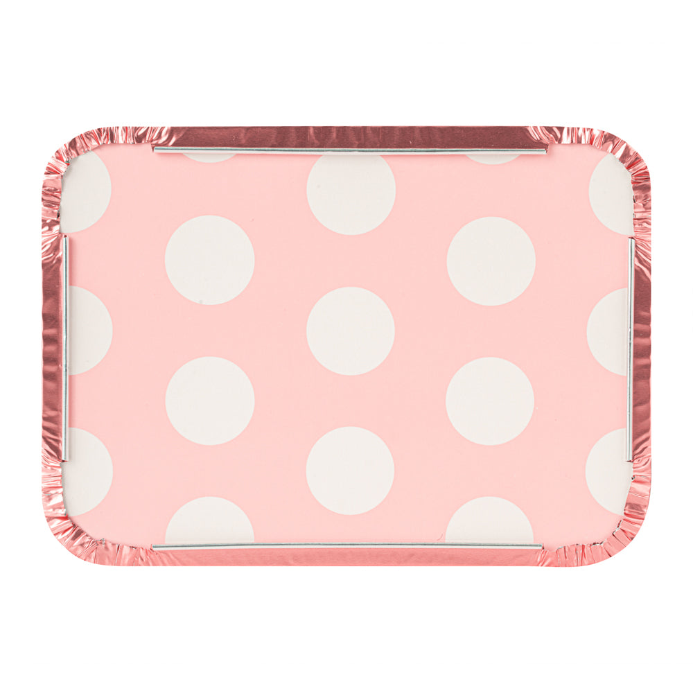 Foil Lux 16 oz Rectangle Pink Aluminum Take Out Container - Polka Dot Paper Lid - 7 1/4" x 5 1/4" x 2" - 50 count box