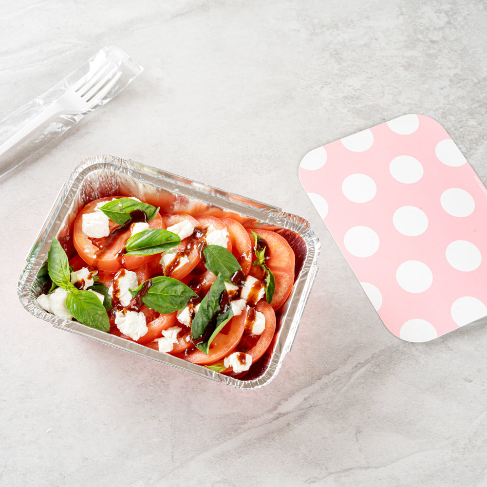 Foil Lux 16 oz Rectangle Pink Aluminum Take Out Container - Polka Dot Paper Lid - 7 1/4" x 5 1/4" x 2" - 50 count box