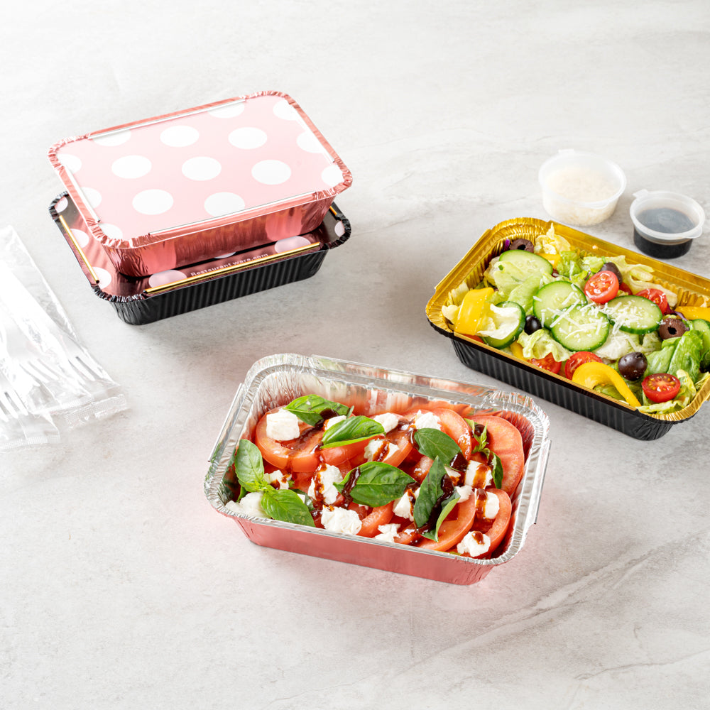 Foil Lux 16 oz Rectangle Pink Aluminum Take Out Container - Polka Dot Paper Lid - 7 1/4" x 5 1/4" x 2" - 50 count box