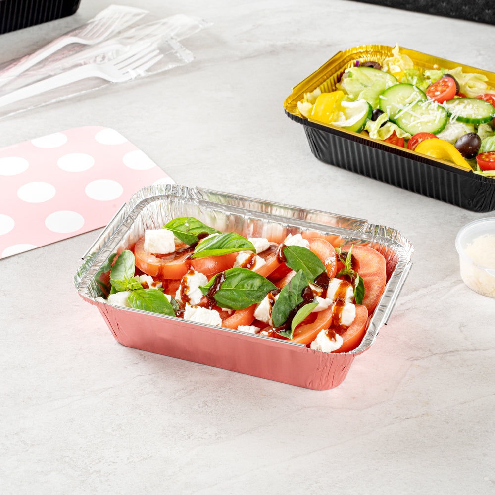 Foil Lux 16 oz Rectangle Pink Aluminum Take Out Container - Polka Dot Paper Lid - 7 1/4" x 5 1/4" x 2" - 50 count box