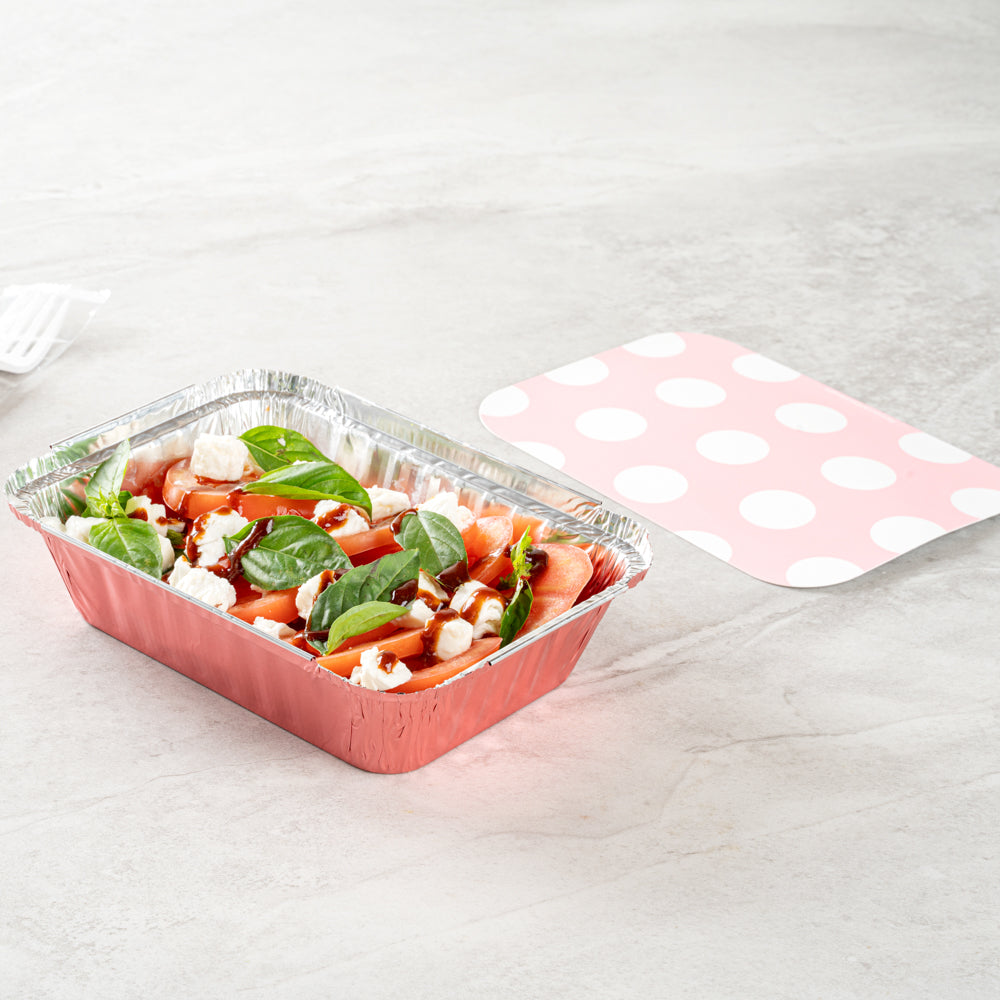 Foil Lux 16 oz Rectangle Pink Aluminum Take Out Container - with Polka Dot Paper Lid - 7 1/4" x 5 1/4" x 2" - 200 count box