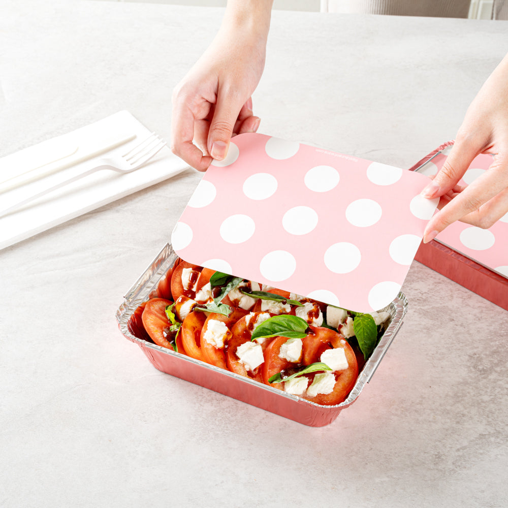 Foil Lux 16 oz Rectangle Pink Aluminum Take Out Container - with Polka Dot Paper Lid - 7 1/4" x 5 1/4" x 2" - 200 count box