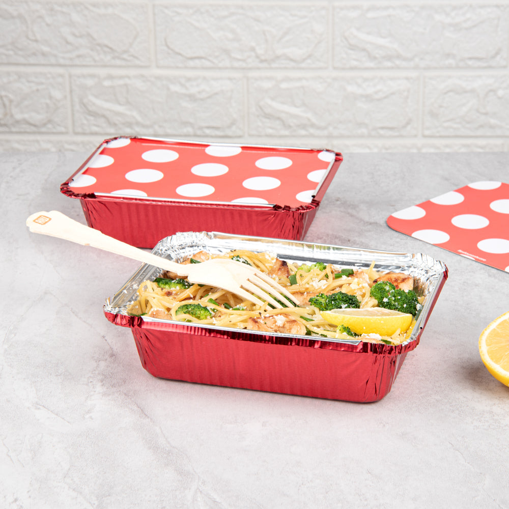 Foil Lux 16 oz Rectangle Red Aluminum Take Out Container - Polka Dot Paper Lid - 7 1/4" x 5 1/4" x 2" - 50 count box