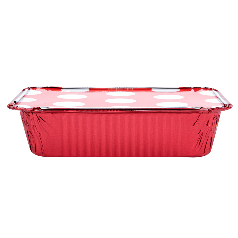 Foil Lux 16 oz Rectangle Red Aluminum Take Out Container - Polka Dot Paper Lid - 7 1/4" x 5 1/4" x 2" - 50 count box