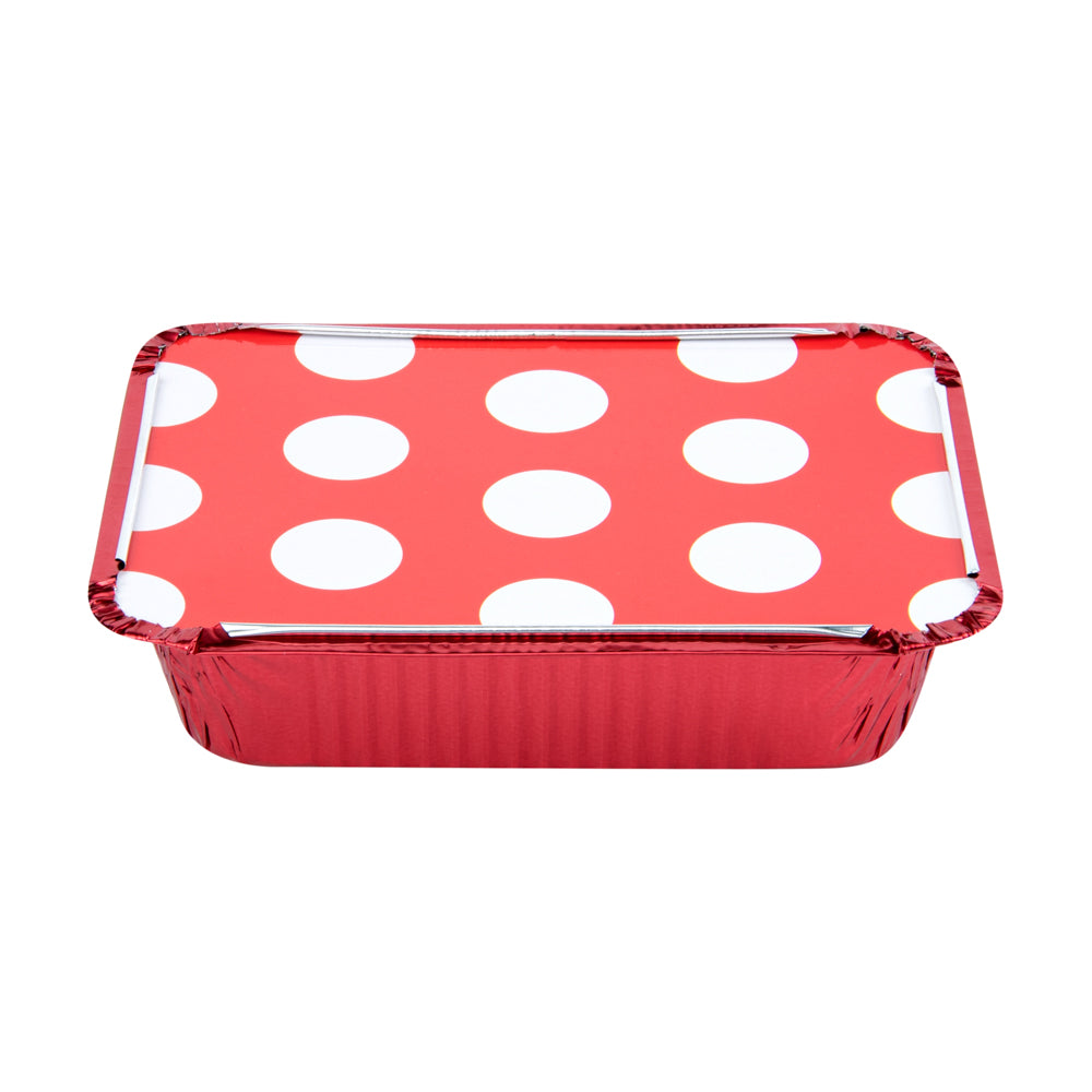 Foil Lux 16 oz Rectangle Red Aluminum Take Out Container - with Polka Dot Paper Lid - 7 1/4" x 5 1/4" x 2" - 200 count box