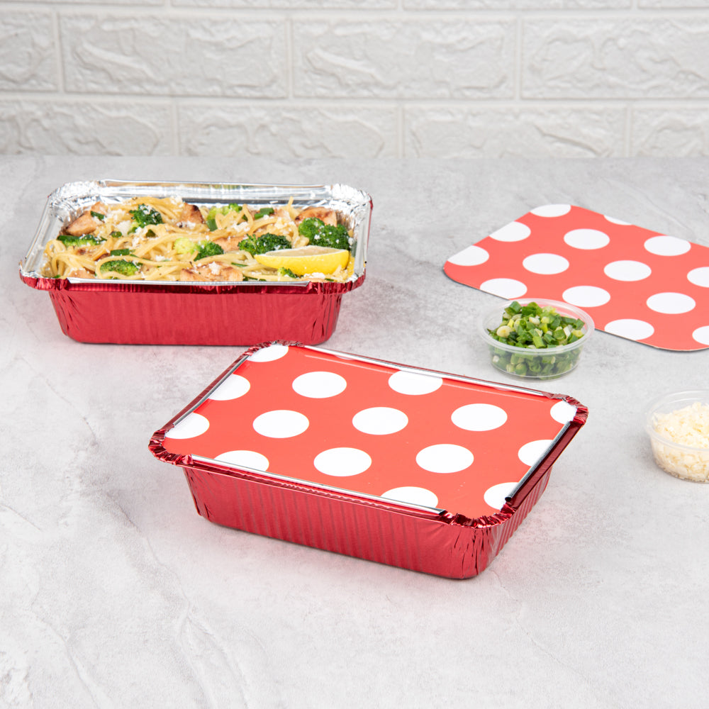 Foil Lux 16 oz Rectangle Red Aluminum Take Out Container - with Polka Dot Paper Lid - 7 1/4" x 5 1/4" x 2" - 200 count box