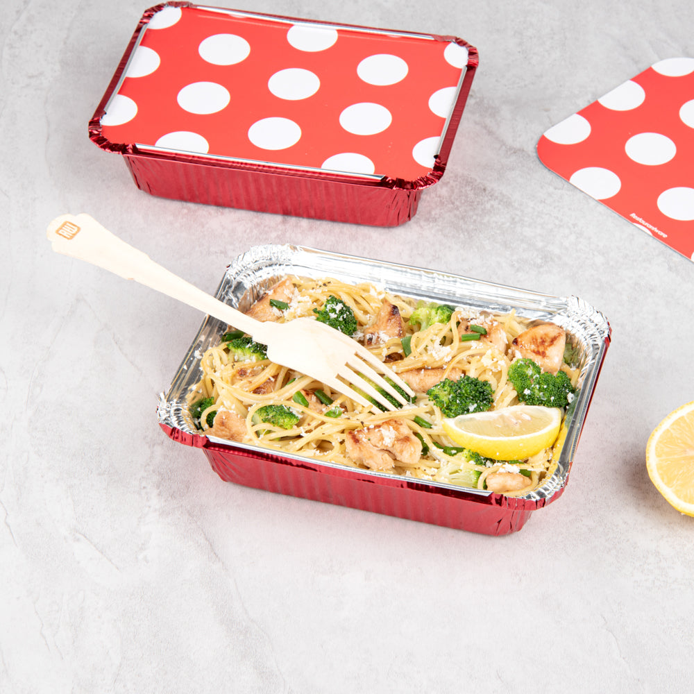 Foil Lux 16 oz Rectangle Red Aluminum Take Out Container - with Polka Dot Paper Lid - 7 1/4" x 5 1/4" x 2" - 200 count box