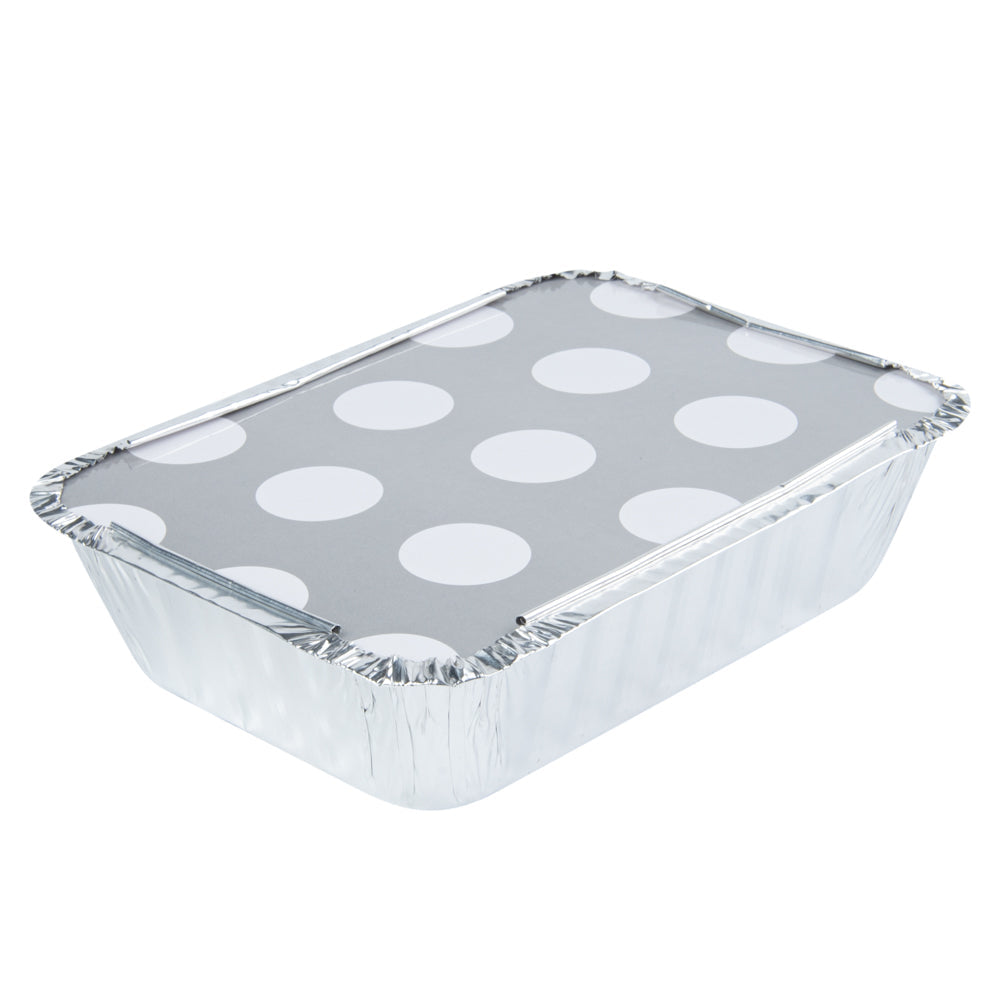 Foil Lux 16 oz Rectangle Silver Aluminum Take Out Container - with Polka Dot Paper Lid - 7 1/4" x 5 1/4" x 2" - 200 count box