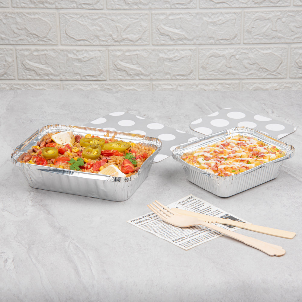 Foil Lux 16 oz Rectangle Silver Aluminum Take Out Container - Polka Dot Paper Lid - 7 1/4" x 5 1/4" x 2" - 50 count box