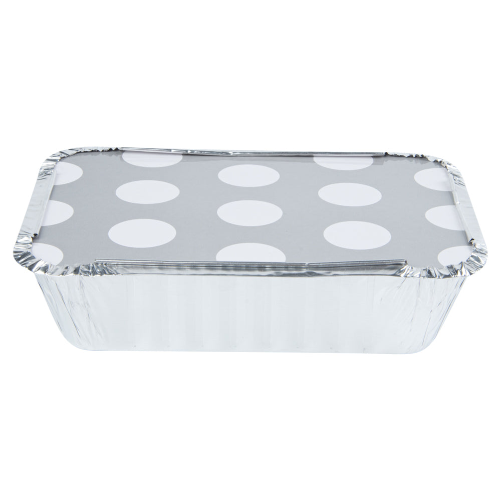 Foil Lux 16 oz Rectangle Silver Aluminum Take Out Container - Polka Dot Paper Lid - 7 1/4" x 5 1/4" x 2" - 50 count box