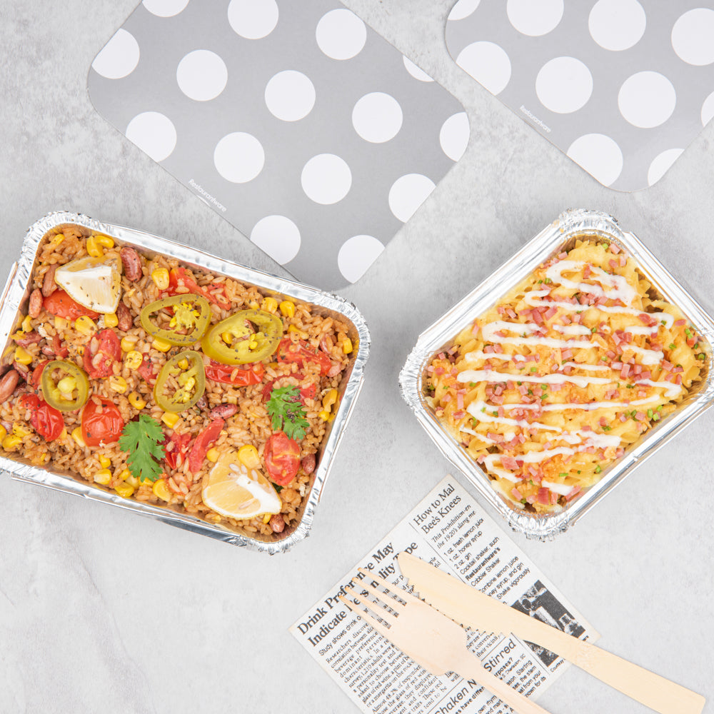 Foil Lux 16 oz Rectangle Silver Aluminum Take Out Container - Polka Dot Paper Lid - 7 1/4" x 5 1/4" x 2" - 50 count box