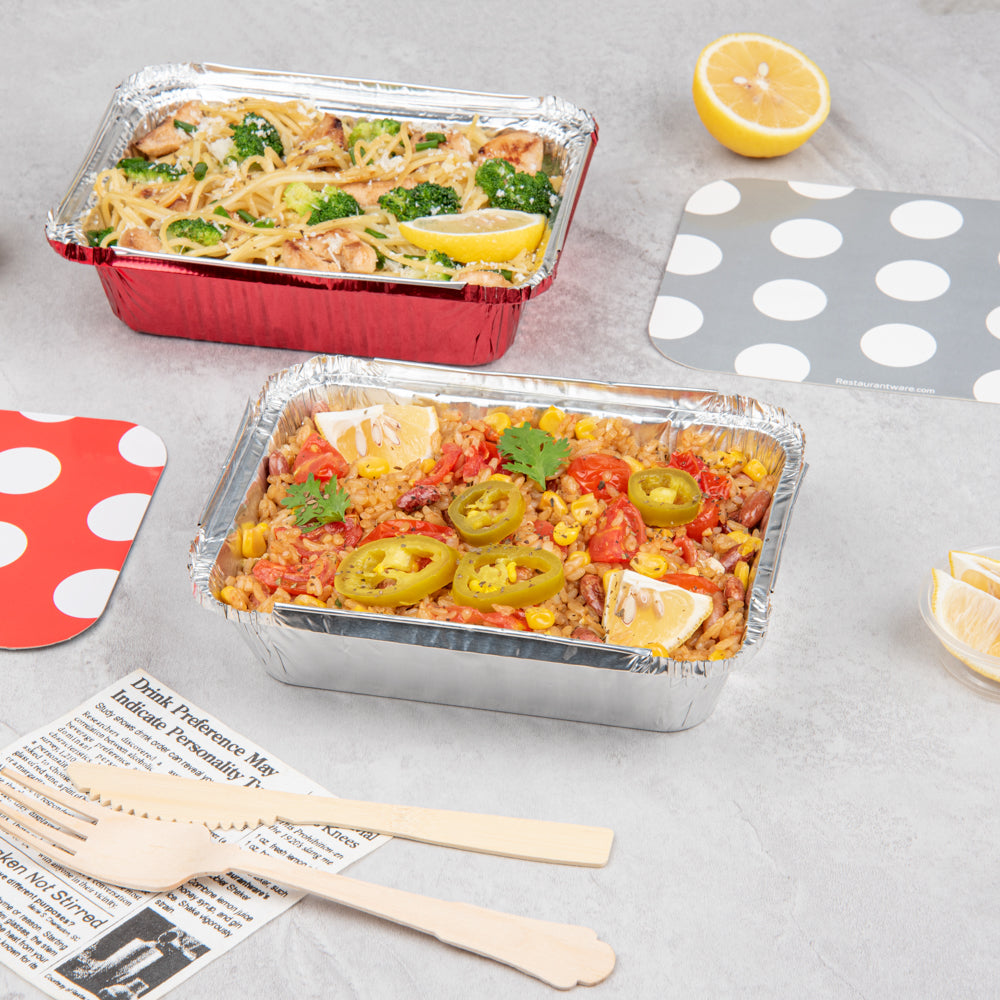 Foil Lux 16 oz Rectangle Silver Aluminum Take Out Container - with Polka Dot Paper Lid - 7 1/4" x 5 1/4" x 2" - 200 count box