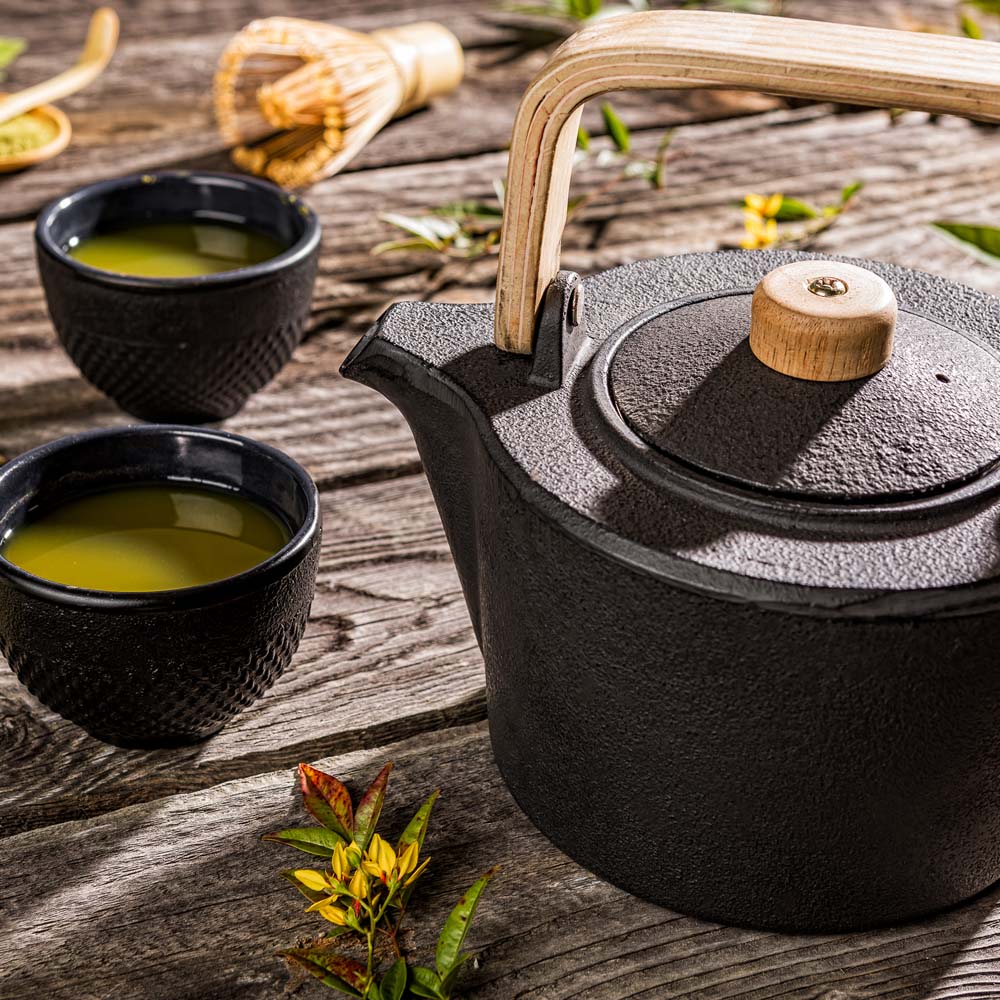 Tetsubin 43 oz Black Cast Iron Osaka Teapot - Wooden Handle and Knob - 7 1/2" x 6" x 5" - 1 count box