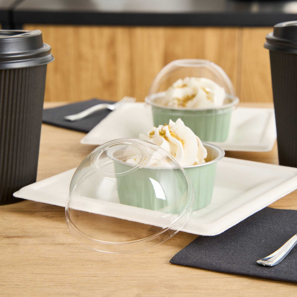 Foil Lux Round Clear Plastic Dome Lid - Fits 4 oz Aluminum Baking Cup - 3 1/2" x 3 1/2" x 1 1/2" - 100 count box