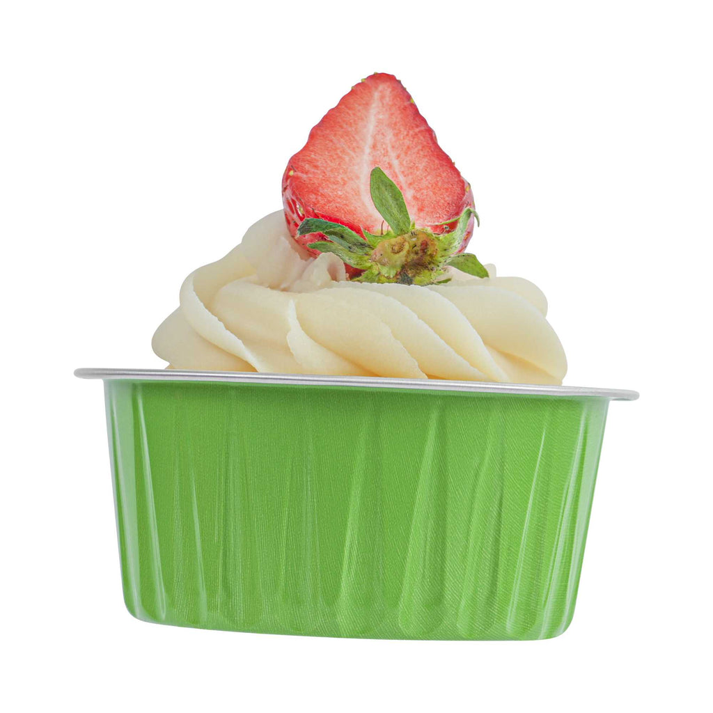 Foil Lux 4 oz Round Lime Green Aluminum Baking Cup - Lids Available - 3 1/4" x 3 1/4" x 1 1/2" - 100 count box