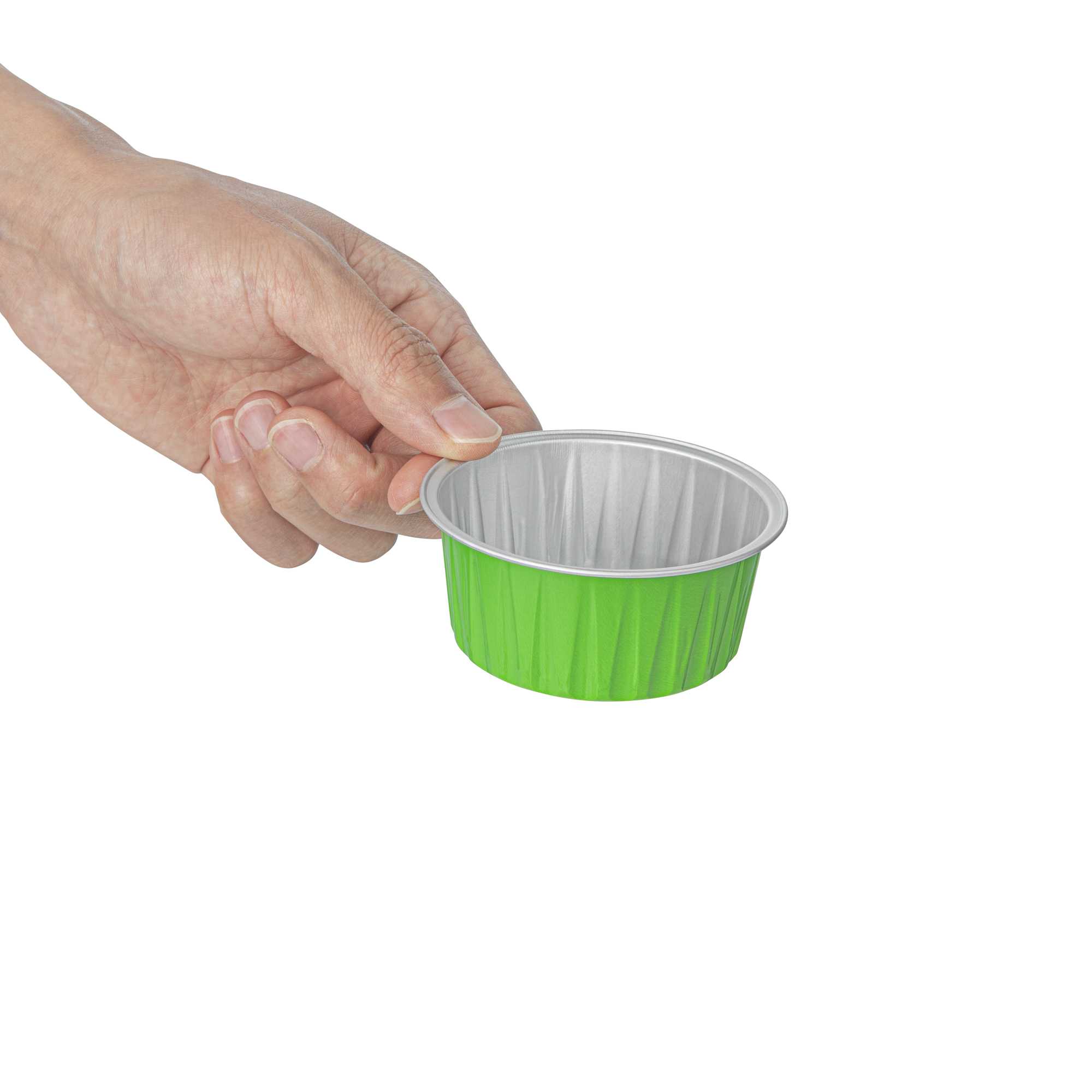 Foil Lux 4 oz Round Lime Green Aluminum Baking Cup - Lids Available - 3 1/4" x 3 1/4" x 1 1/2" - 100 count box