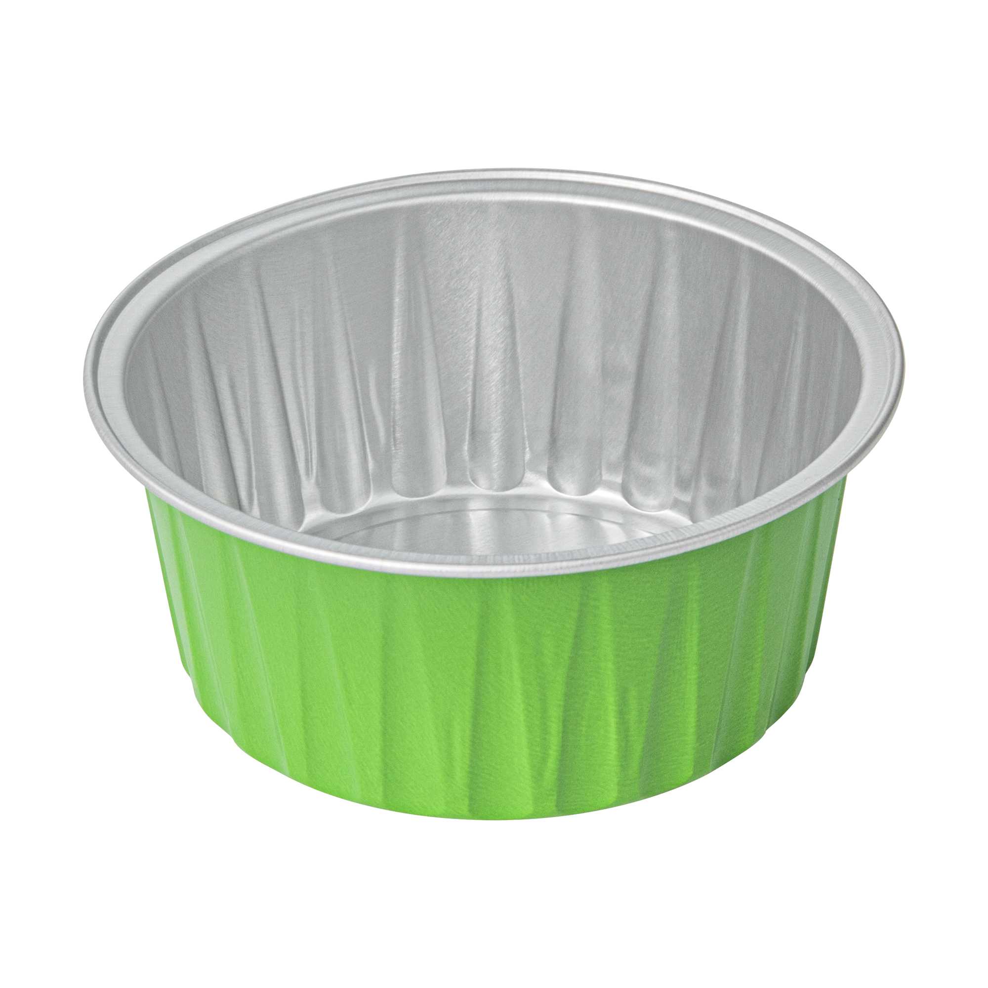 Foil Lux 4 oz Round Lime Green Aluminum Baking Cup - Lids Available - 3 1/4" x 3 1/4" x 1 1/2" - 100 count box