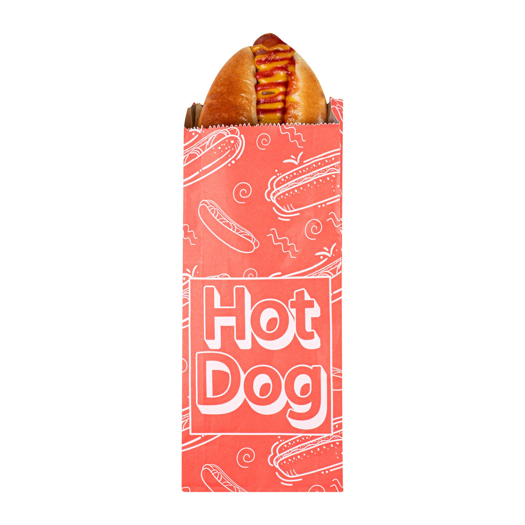 Bag Tek Red Paper Printed Small Hot Dog Foil Bag - 3 3/4" x 1 1/4" x 9" - 100 count box
