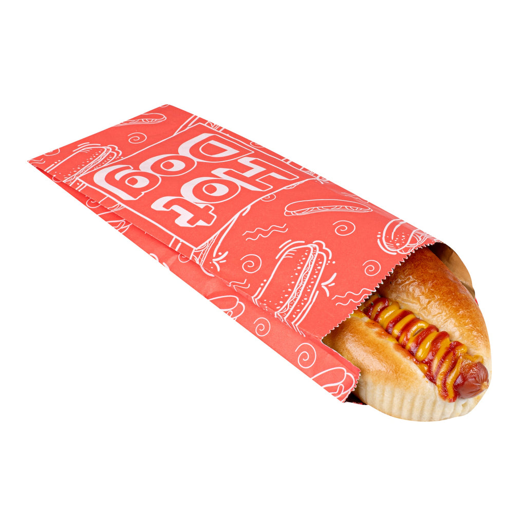 Bag Tek Red Paper Printed Small Hot Dog Foil Bag - 3 3/4" x 1 1/4" x 9" - 100 count box