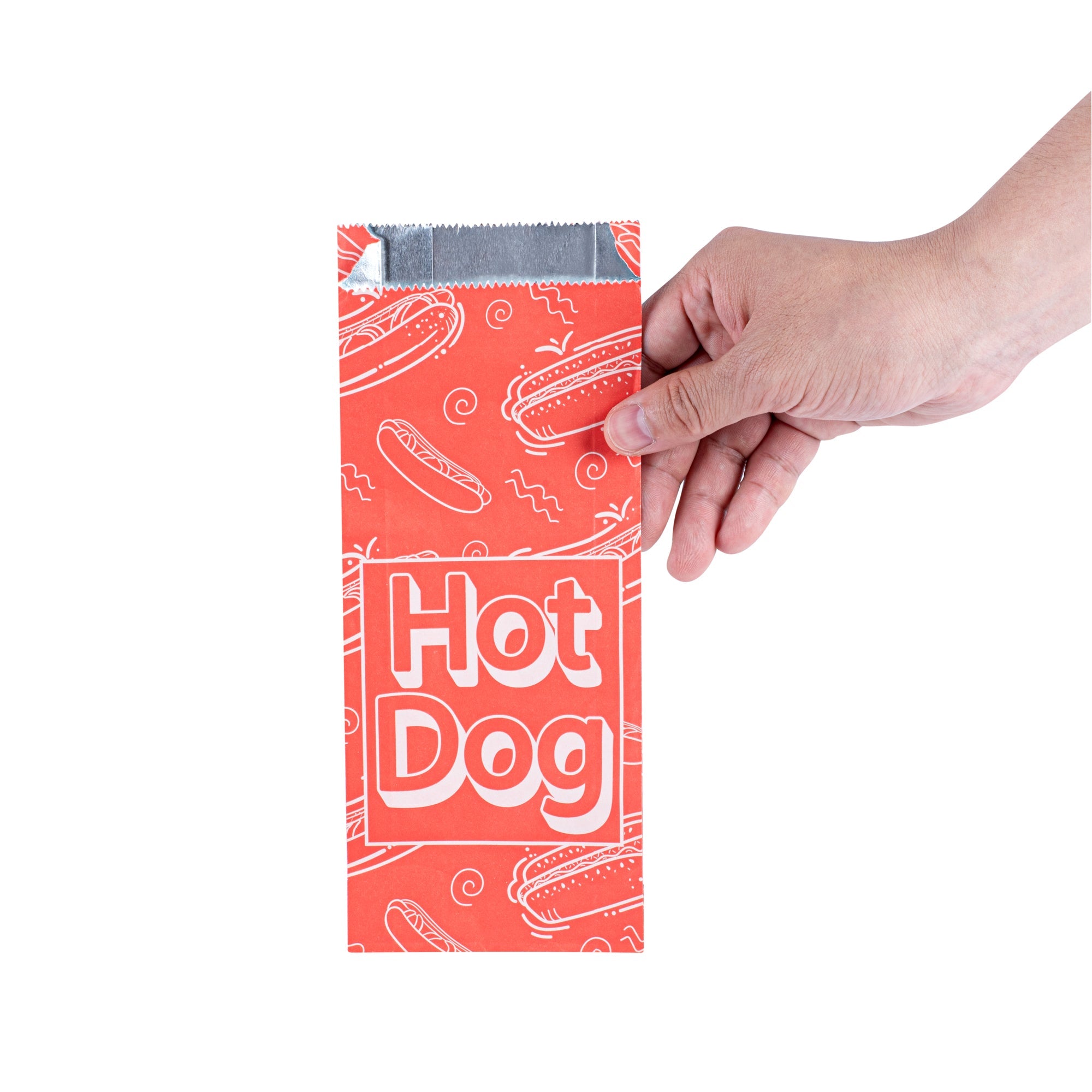 Bag Tek Red Paper Printed Small Hot Dog Foil Bag - 3 3/4" x 1 1/4" x 9" - 100 count box