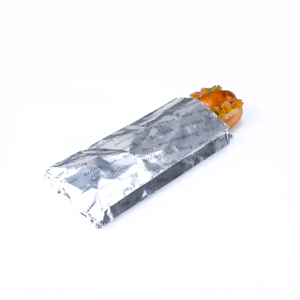 Bag Tek Paper Printed Small Hot Dog Foil Bag - 3 3/4" x 1 1/4" x 9" - 100 count box