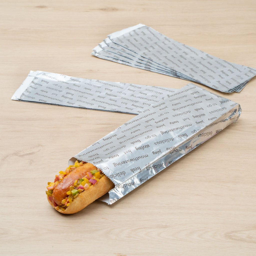 Bag Tek Paper Printed Large Hot Dog Foil Bag - 3 3/4" x 1 1/4" x 12" - 100 count box