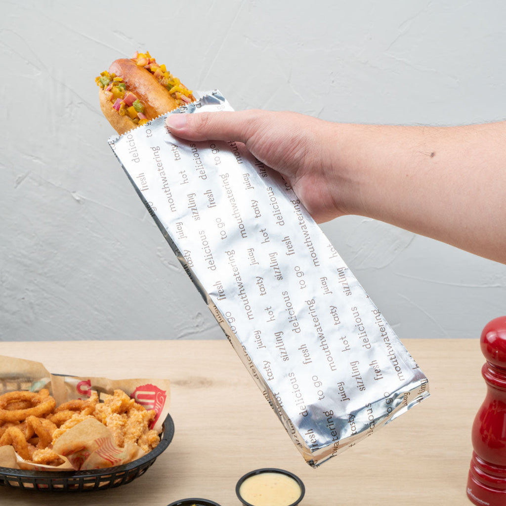Bag Tek Paper Printed Large Hot Dog Foil Bag - 3 3/4" x 1 1/4" x 12" - 100 count box