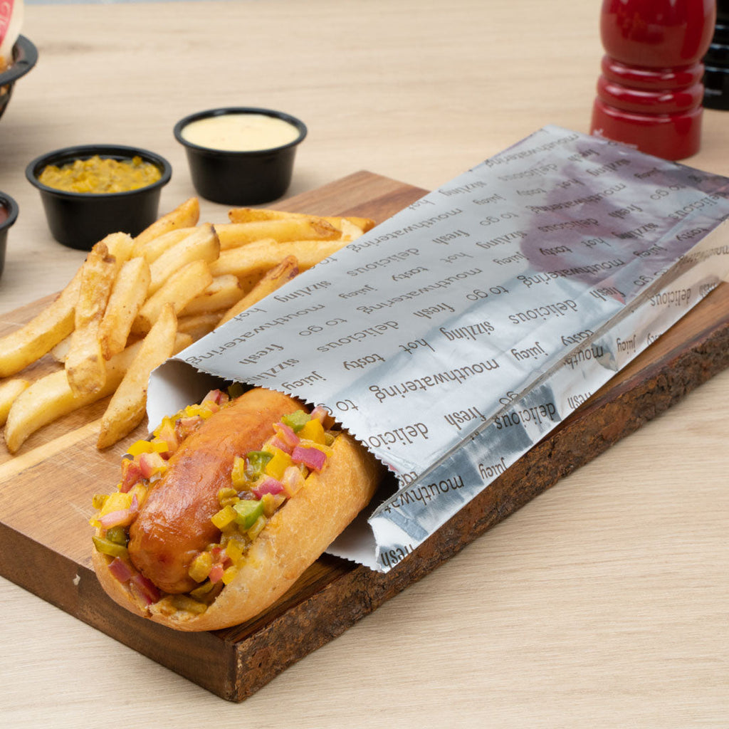 Bag Tek Paper Printed Large Hot Dog Foil Bag - 3 3/4" x 1 1/4" x 12" - 100 count box