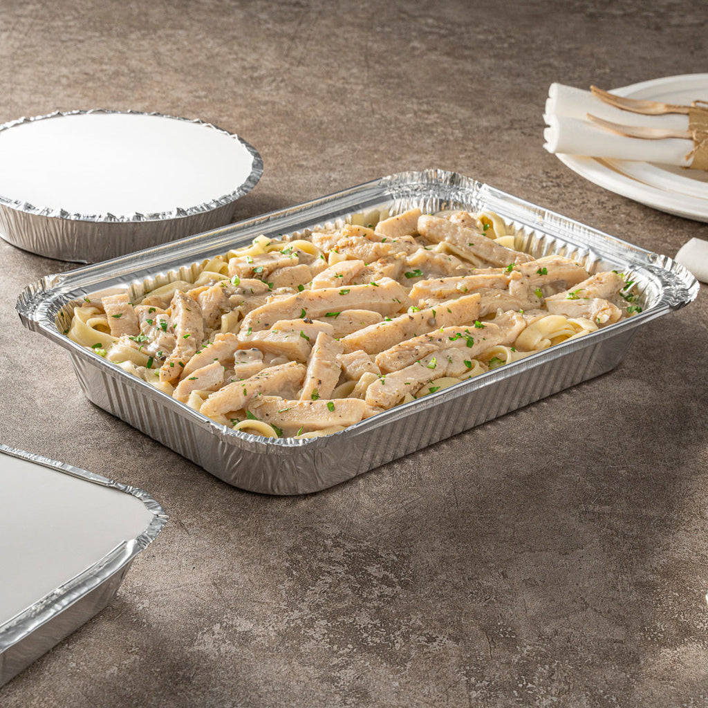 Foil Lux 64 oz Oblong Silver Aluminum 4 lb Take Out Container - 12" x 8 3/4" x 1 3/4" - 100 count box