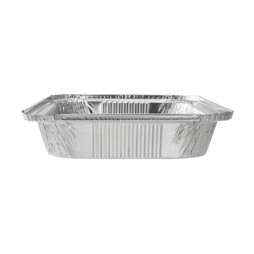 Foil Lux 64 oz Oblong Silver Aluminum 4 lb Take Out Container - 12" x 8 3/4" x 1 3/4" - 100 count box