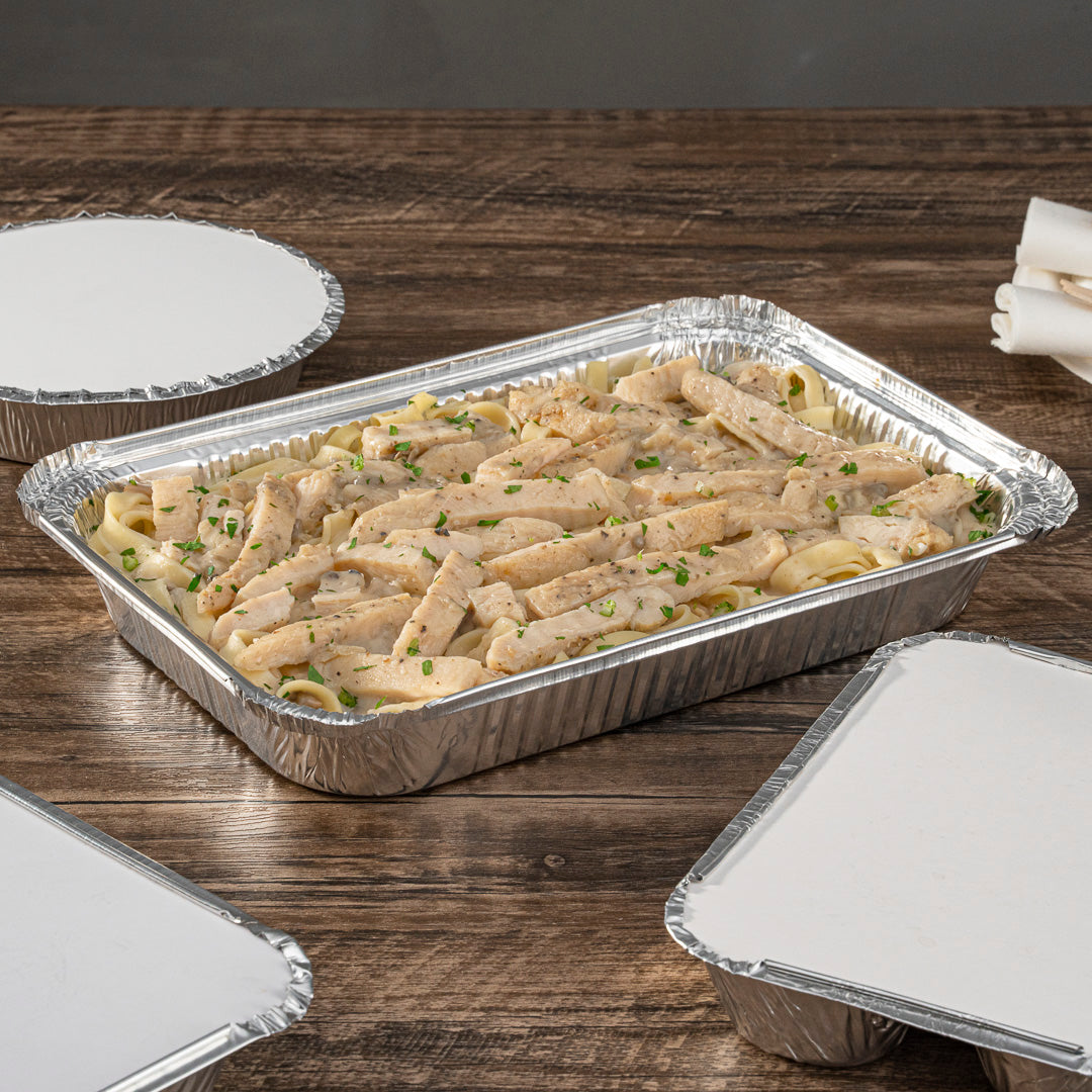 Foil Lux 64 oz Oblong Silver Aluminum 4 lb Take Out Container - 12" x 8 3/4" x 1 3/4" - 100 count box