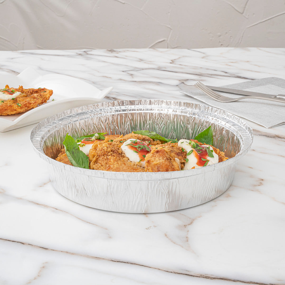 Foil Lux 37 oz Round Aluminum Take Out Pan - Heavy Weight - 9" x 9" x 2" - 100 count box