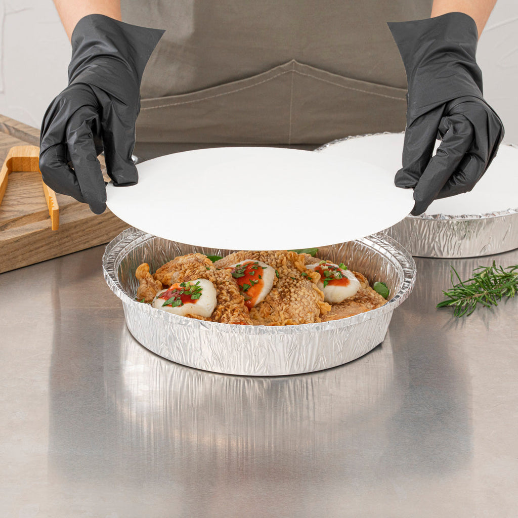 Foil Lux Round White Paper Flat Foil-Laminated Board Lid - Fits 9" Take Out Pan - 100 count box