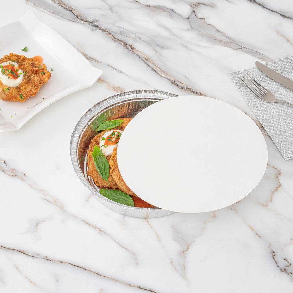 Foil Lux Round White Paper Flat Foil-Laminated Board Lid - Fits 9" Take Out Pan - 100 count box
