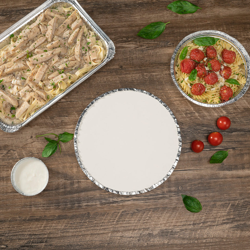 Foil Lux Round White Paper Flat Foil-Laminated Board Lid - Fits 8" Take Out Pan - 100 count box