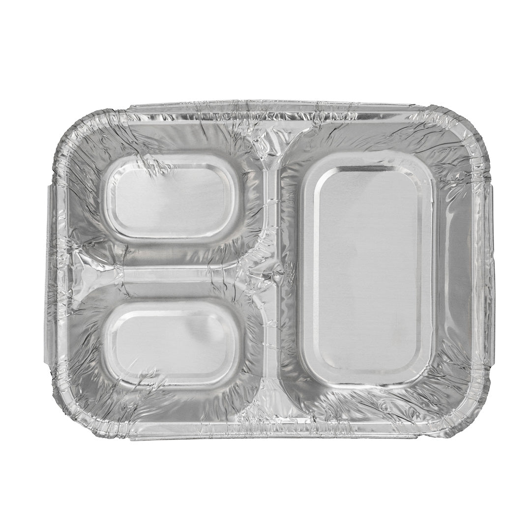 Foil Lux 23 oz Rectangle Silver Aluminum Take Out Tray - 3-Compartment - 8 1/2" x 6 1/2" x 1 3/4" - 100 count box