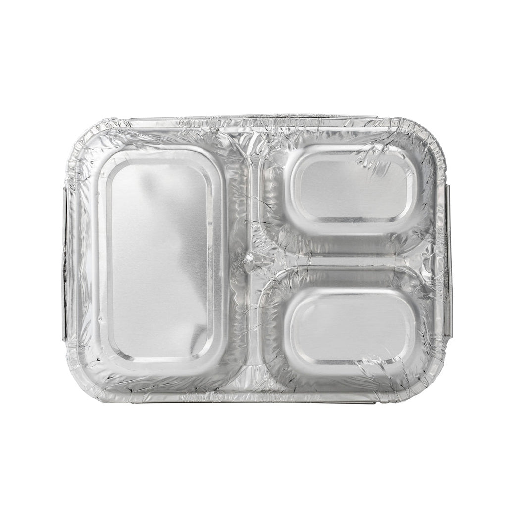 Foil Lux 23 oz Rectangle Silver Aluminum Take Out Tray - 3-Compartment - 8 1/2" x 6 1/2" x 1 3/4" - 100 count box