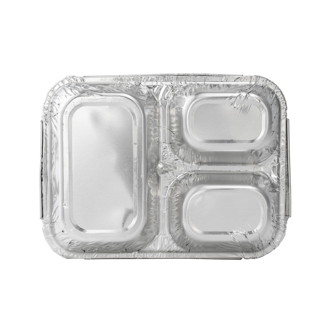 Foil Lux 23 oz Rectangle Silver Aluminum Take Out Tray - 3-Compartment - 8 1/2" x 6 1/2" x 1 3/4" - 100 count box