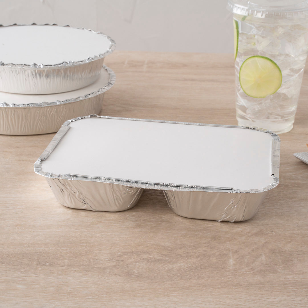 Foil Lux Rectangle White Paper Flat Foil-Laminated Board Lid - Fits 3-Compartment Take Out Tray - 100 count box