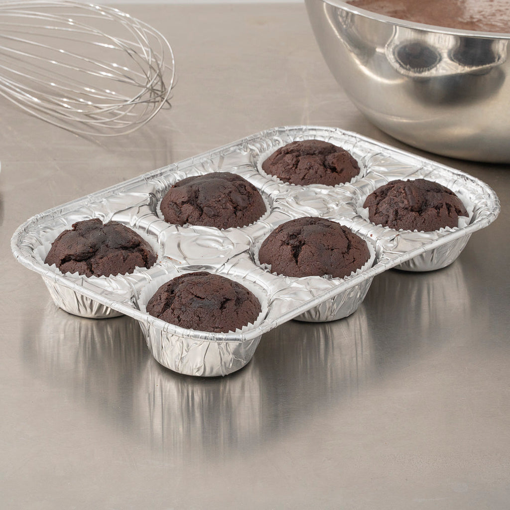 Pastry Tek Silver Aluminum Cupcake / Muffin Pan - 6-Compartment - 9 1/2" x 6 1/2" x 1 1/2" - 25 count box