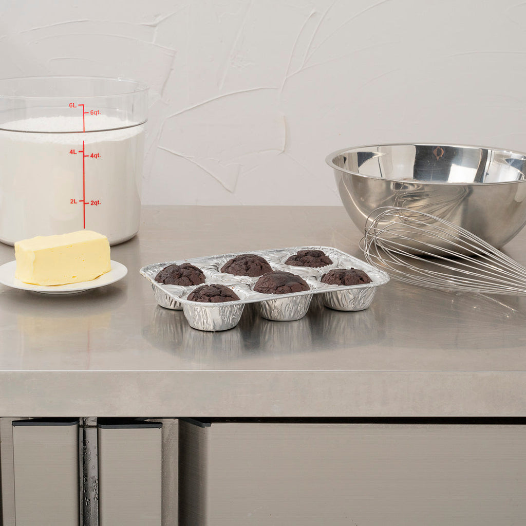 Pastry Tek Silver Aluminum Cupcake / Muffin Pan - 6-Compartment - 9 1/2" x 6 1/2" x 1 1/2" - 25 count box